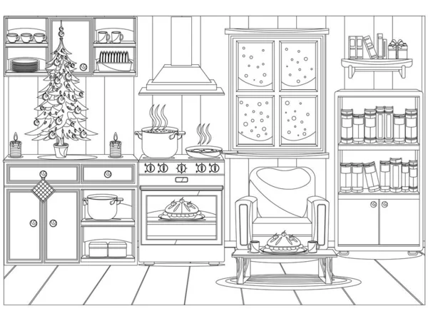 Cocina Decorada Festiva Para Nuevo Año Navidad Vector Para Colorear — Vector de stock