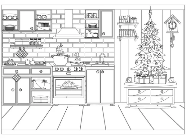 Slavnostní Zdobená Kuchyň Nový Rok Vánoce Zbarvení Vektorů — Stockový vektor