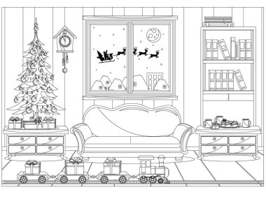 Çocuklar ve yetişkinler için yeni yıl ve Noel kutlaması için vektör odası şeklinde boyama kitabı.