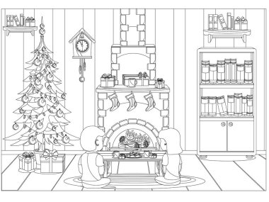 Çocuklar ve yetişkinler için yeni yıl ve Noel kutlaması için vektör odası şeklinde boyama kitabı.