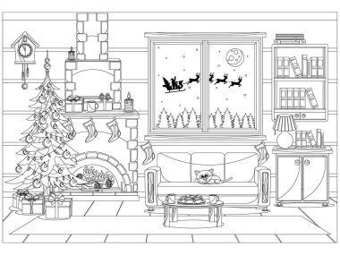 Çocuklar ve yetişkinler için yeni yıl ve Noel kutlaması için vektör odası şeklinde boyama kitabı.