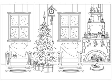 Çocuklar ve yetişkinler için yeni yıl ve Noel kutlaması için vektör odası şeklinde boyama kitabı.