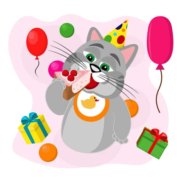 猫吃蛋糕 庆祝它的生日 矢量说明 — 图库矢量图片