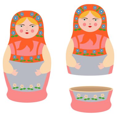 Rus iç içe bebek portre. Ahşap kız imajın Matryoshka oyuncak simge vektör çizim. İki dizi.