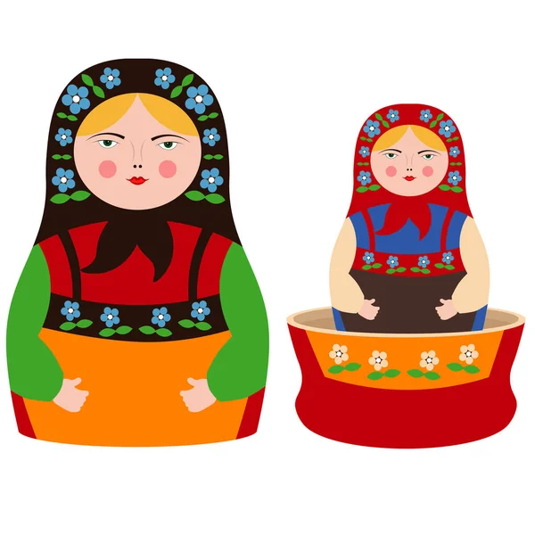 俄罗斯筑巢娃娃特写镜头 木制女孩形象马特里奥什卡玩具图标矢量插图 设置为两个 — 图库矢量图片