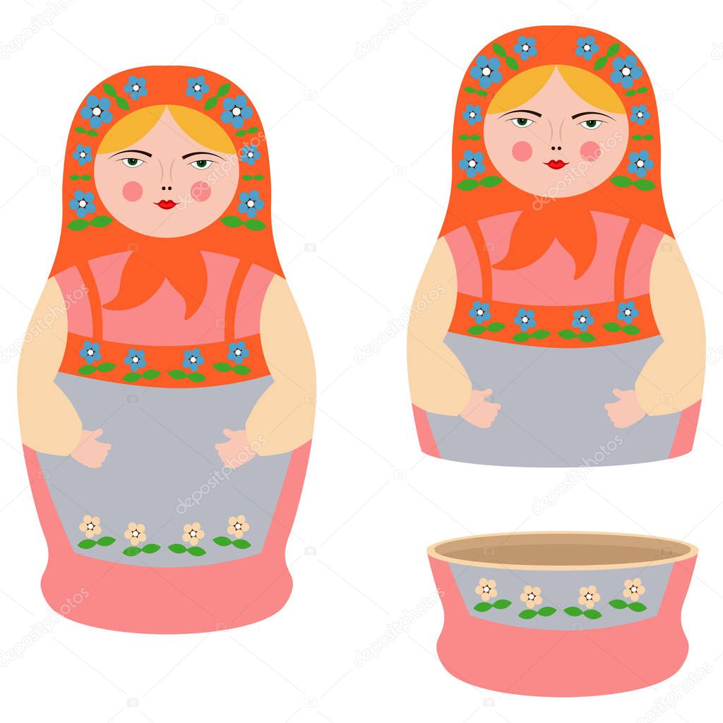 Russian nesting doll closeup. Wooden girl image Matryoshka toy icon vector illustration. Set of two.
