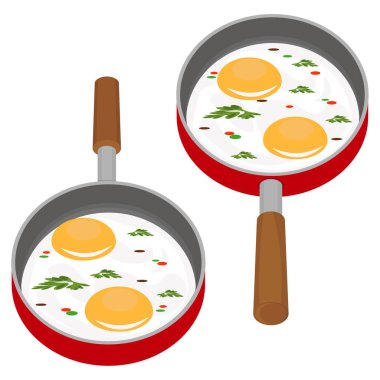 Kızartma tavasında yumurta. Çırpılmış yumurtaların farklı açılardan vektör kümesi.