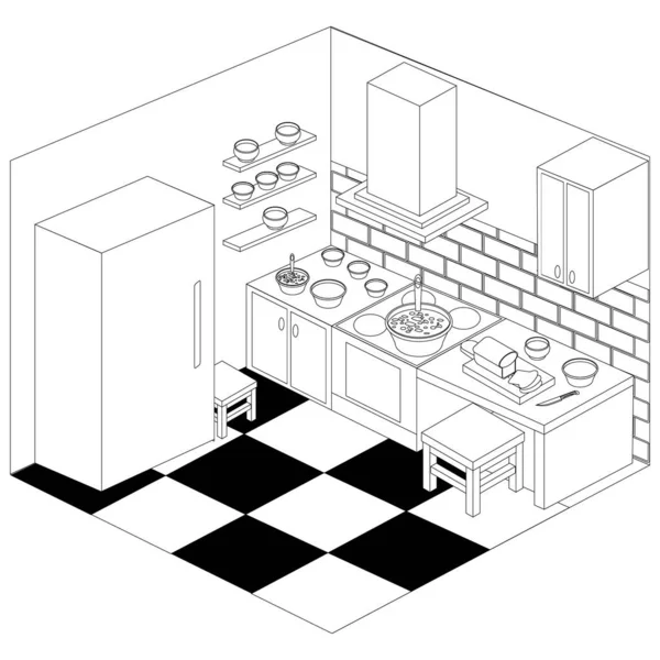 Cozinha Interior Vetor Coloração Ilustração Esboço — Vetor de Stock