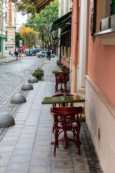 Lviv Oekraïne Oktober 2020 Een Smalle Keistenen Straat Met Een — Stockfoto