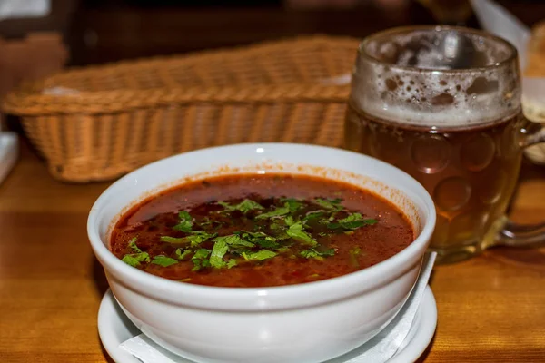Georgian Traditional Food Soup Kharcho Rustic Wooden Table Spicy Lamb — Fotografia de Stock
