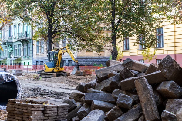 Lviv Ucrania Octubre 2020 Reconstrucción Carretera Centro Histórico Lviv Trabajos — Foto de Stock