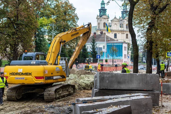 Lviv Ukraine October 2020 Reconstruction Roadway Historic Center Lviv Renovation — Stock Photo, Image