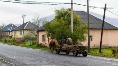 Zakarpattia Oblastı, Ukrayna - 26 Ekim 2020: Bir at tarafından çekilen at arabasında iki adam yol boyunca at sürüyor. Bir dağ vadisinde küçük bir köy. Sonbahar manzarası.