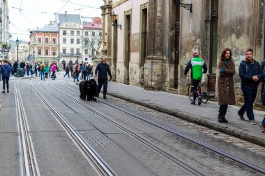 Lviv, Ukrayna - 24 Ekim 2020 Lviv 'in tarihi merkezinde patikası olan dar bir kaldırım taşı caddesi. Sokak sahnesi. Eski şehrin sokakları ve mimarisi.
