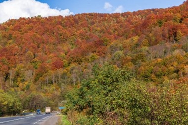 Bir dağ nehri üzerinde bir yol köprüsü, mavi bir plaka üzerinde: 