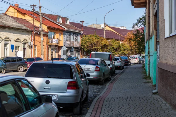 Mukachevo Ukraine October 2020 Two Three Storey Buildings Central Street — Stock Photo, Image