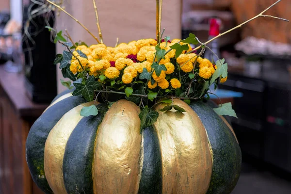 Harvest Festival Bouquet Bright Yellow Chrysanthemums Pumpkin Which Painted Stripes — Stock Photo, Image