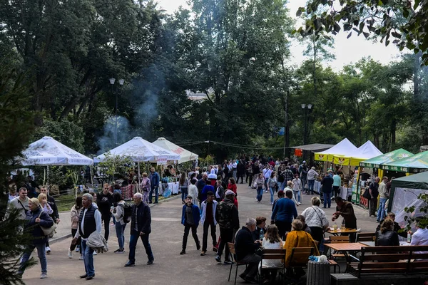 Korosten 'Ukrayna - Eylül 04 2021: Şehir parkında patatesli gözleme festivali. Bir grup insan çeşitli yiyeceklerle çadırların arasında yürüyor. Gastro festivalinde aşçılık ürünleri tatmak..