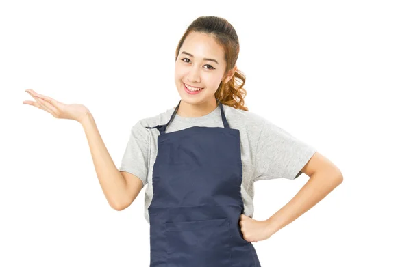 Asian Woman Wearing Apron And Singing With Open Palm Hand Isolat — Stock Photo, Image