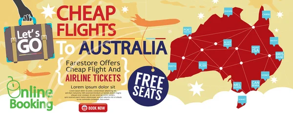 Billigt flyg till Australien 1500 x 600 Banner vektor Illustration — Stock vektor