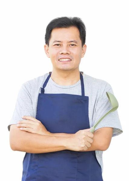 Ásia homem cruz seu braço com cozinhar ferramenta . — Fotografia de Stock