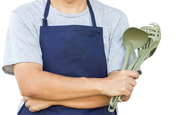 Homem asiático Cruz braço com ferramentas de cozinha . — Fotografia de Stock