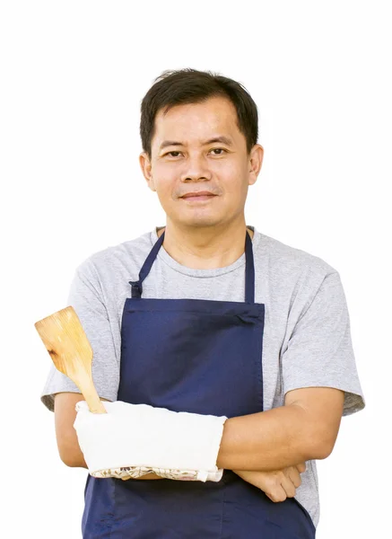 Homem asiático com ferramenta de fritura e luva de cozinha . — Fotografia de Stock