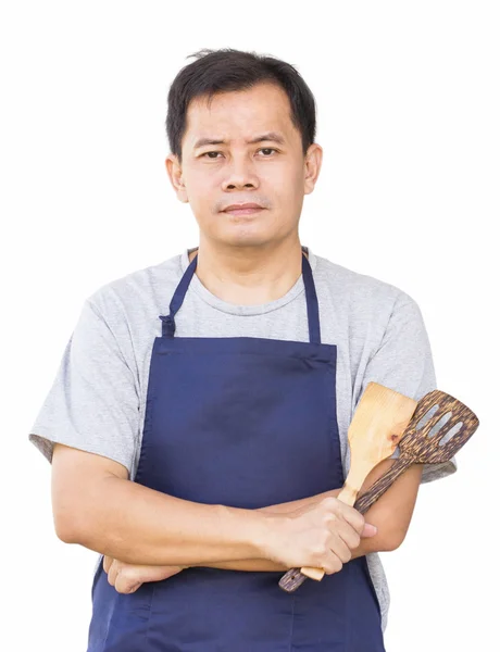 Homem asiático Cruz braço com ferramentas de cozinha . — Fotografia de Stock