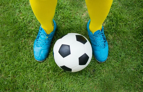 Football or soccer ball at the kickoff of a game. — Stock Photo, Image