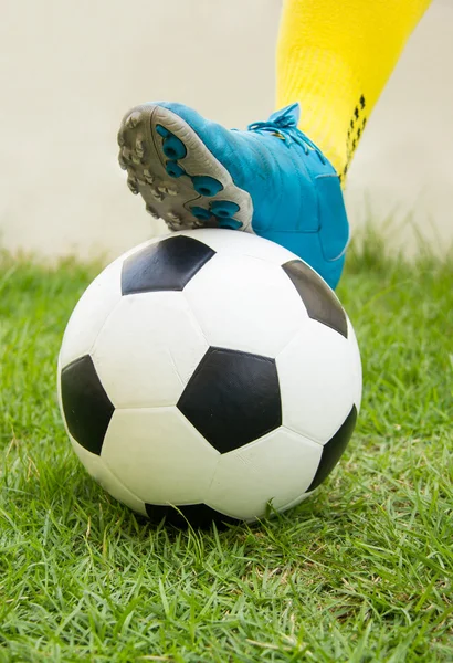 Football or soccer ball at the kickoff of a game. — Stock Photo, Image