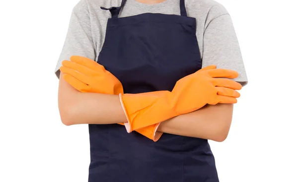 Arms Crossed Wearing Apron And Rubber Gloves. — Stock Photo, Image