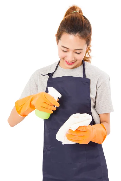 Asian Women Housewife With Cleaning Cloth And Spray Bottle. — Stock Photo, Image