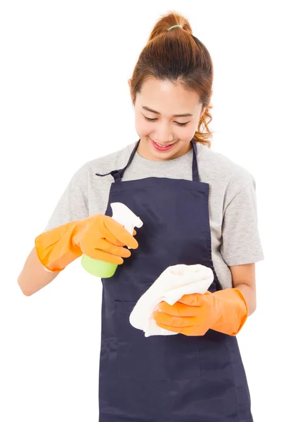 Ásia mulheres dona de casa com limpeza pano e spray garrafa . — Fotografia de Stock