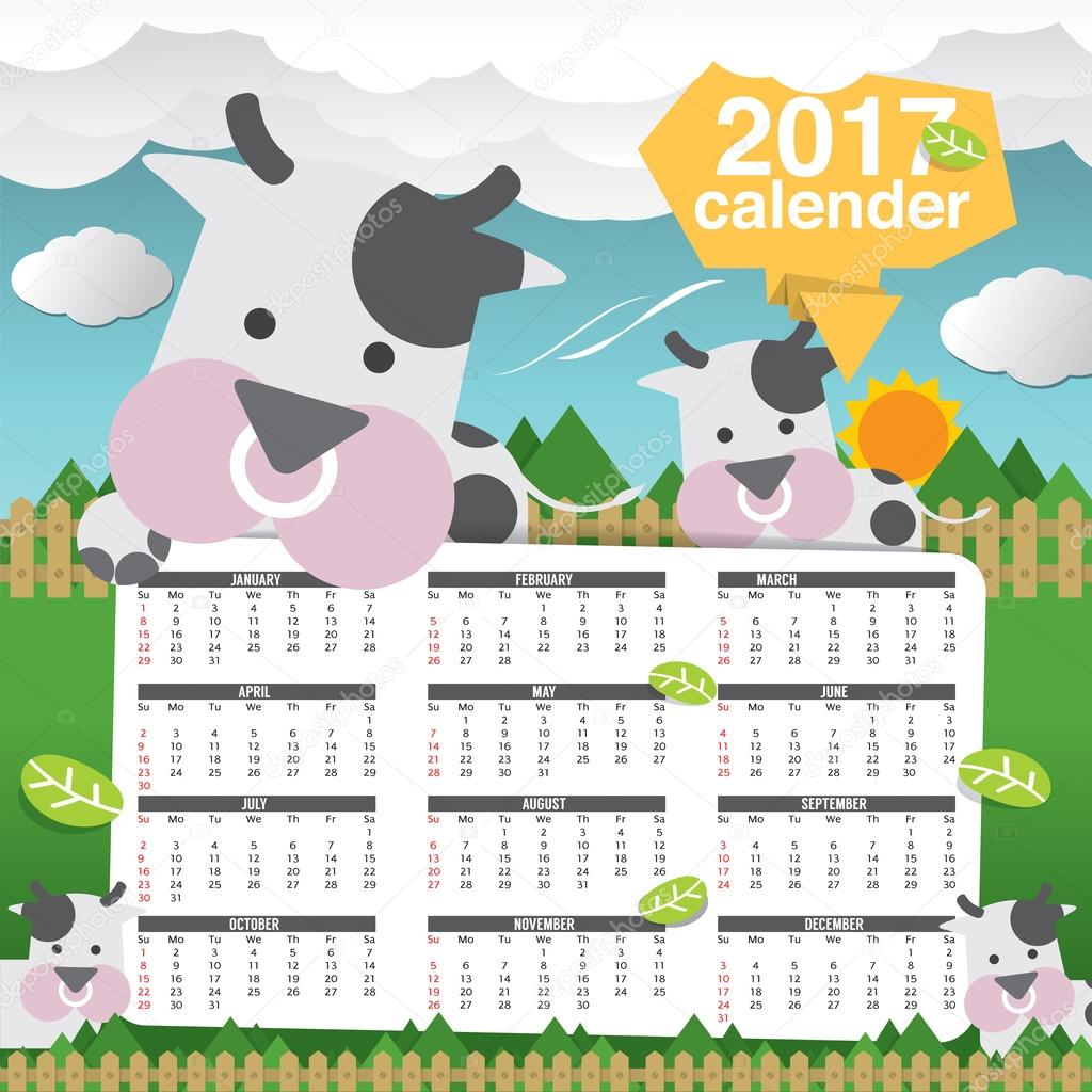 17 印刷可能なカレンダー開始日曜日かわいい牛ベクトル図 ストックベクター C Happymay