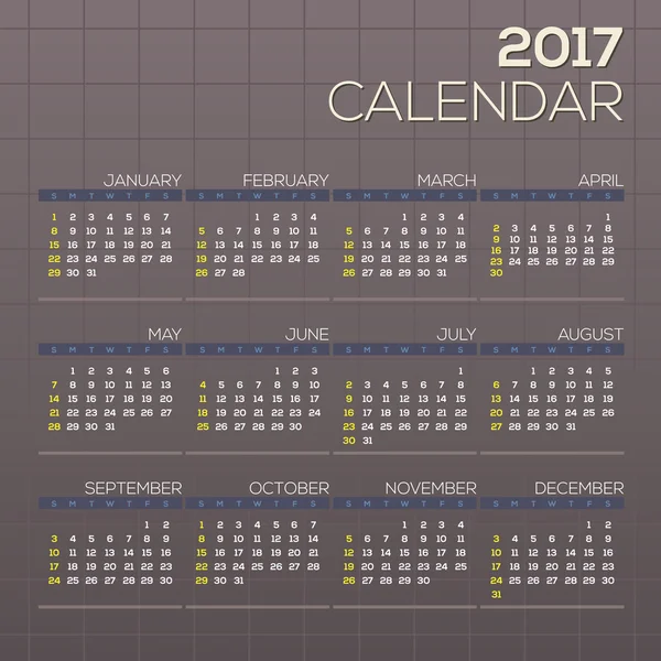 Calendário imprimível 2017 inicia ilustração gráfica do vetor da grade de domingo . — Vetor de Stock