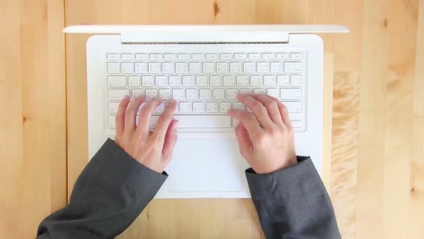 在笔记本电脑键盘上打字的顶视图女人手. — 图库视频影像