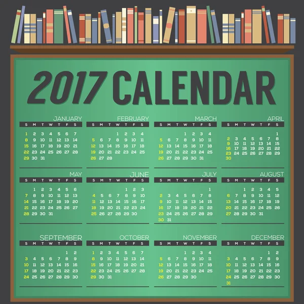 2017 Calendrier imprimable Commence dimanche sur le tableau de la craie Contexte. Différemment livres sur étagère, Illustration vectorielle de concept d'éducation . — Image vectorielle