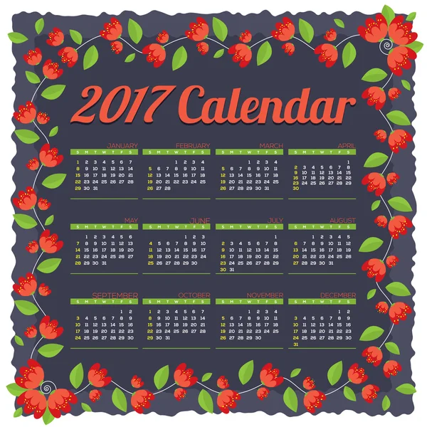 2017 Le calendrier imprimable commence dimanche Fleurs rouges bordure sur fond bleu foncé Illustration vectorielle . — Image vectorielle
