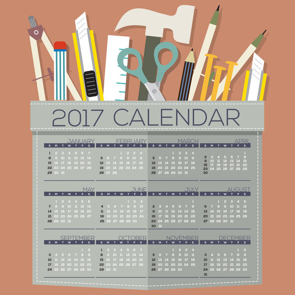 2017 Printable Calendar 12 Months Starts Sunday DIY of Handcraft Tool Concept Vector Illustration.