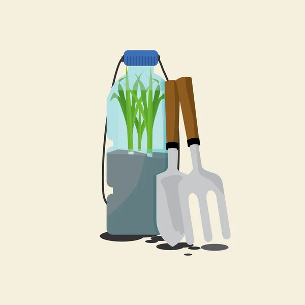 Cebollas verdes cultivando en botella de agua de reutilización, ilustración vectorial . — Vector de stock