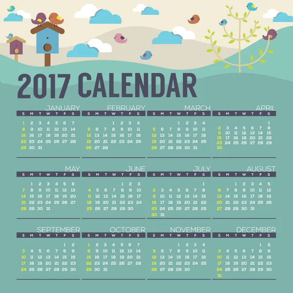 Aves Bonitos 2017 Calendário Imprimível Começa Domingo Ilustração do Vetor . — Vetor de Stock