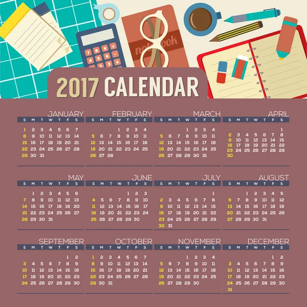 Плоский дизайн Вид зверху робоче місце 2017 Календар друку починається неділя Векторні ілюстрації . — стоковий вектор