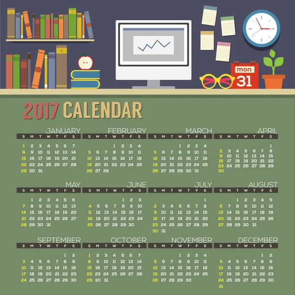 Espace de travail design plat 2017 Calendrier imprimable Début Dimanche Illustration vectorielle . — Image vectorielle