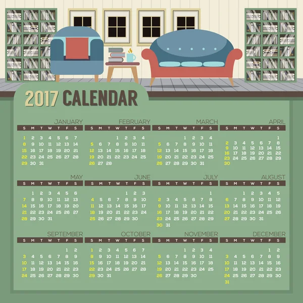 Sala de lectura de diseño plano 2017 calendario imprimible comienza la ilustración vectorial dominical . — Vector de stock