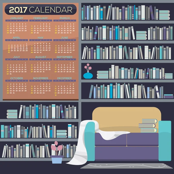 Кімната читання плоского дизайну 2017 Календар друку починається неділя Векторні ілюстрації . — стоковий вектор