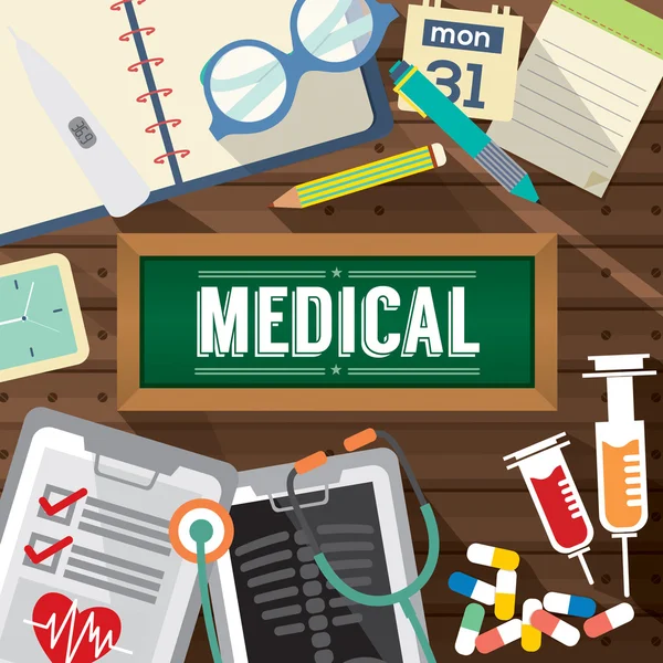 Vue du dessus des comprimés de médecine, de la seringue hypodermique et de l'illustration vectorielle de concept médical de papier de diagnostic . — Image vectorielle