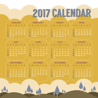 2017 yazdırılabilir takvim başlar Pazar doğal peyzaj Vintage renk vektör çizim