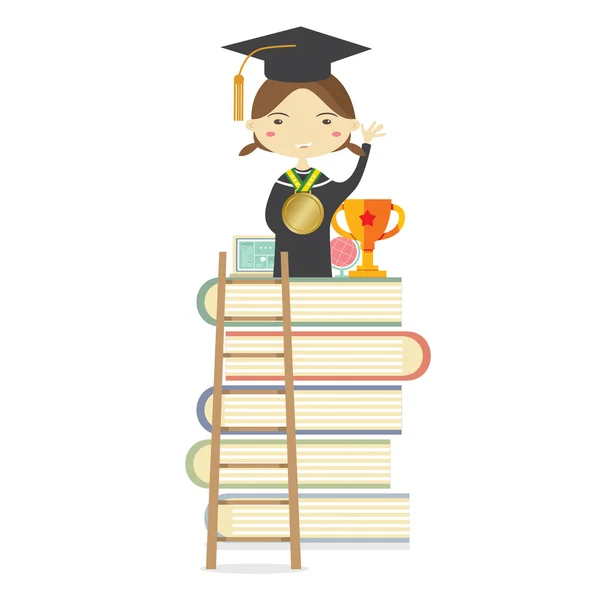 Happy Girl In Graduation Suit Standing On The Highest Book Staircase Represent Successful Education Concept Vector Illustration — Stock Vector