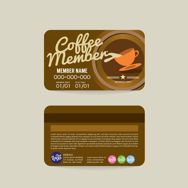 Voucher de café frontal y posterior de la tarjeta de miembro de la plantilla Vector Ilustración — Vector de stock