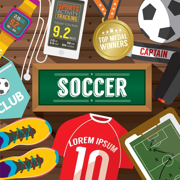 Top View Fútbol jugador engranajes en tablón de madera Vector Ilustración — Vector de stock